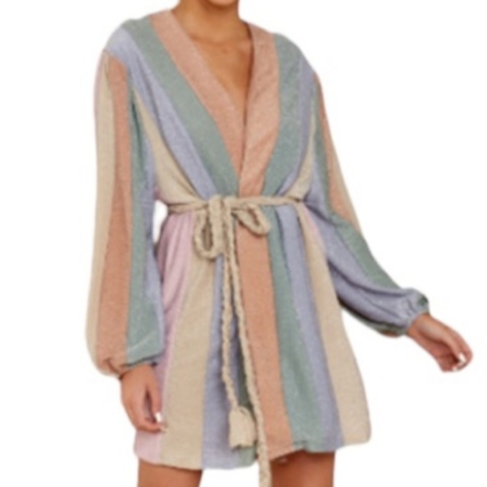 Storia Color My World Pastel Shimmer Striped Long Balloon Sleeves Wrap Dress
